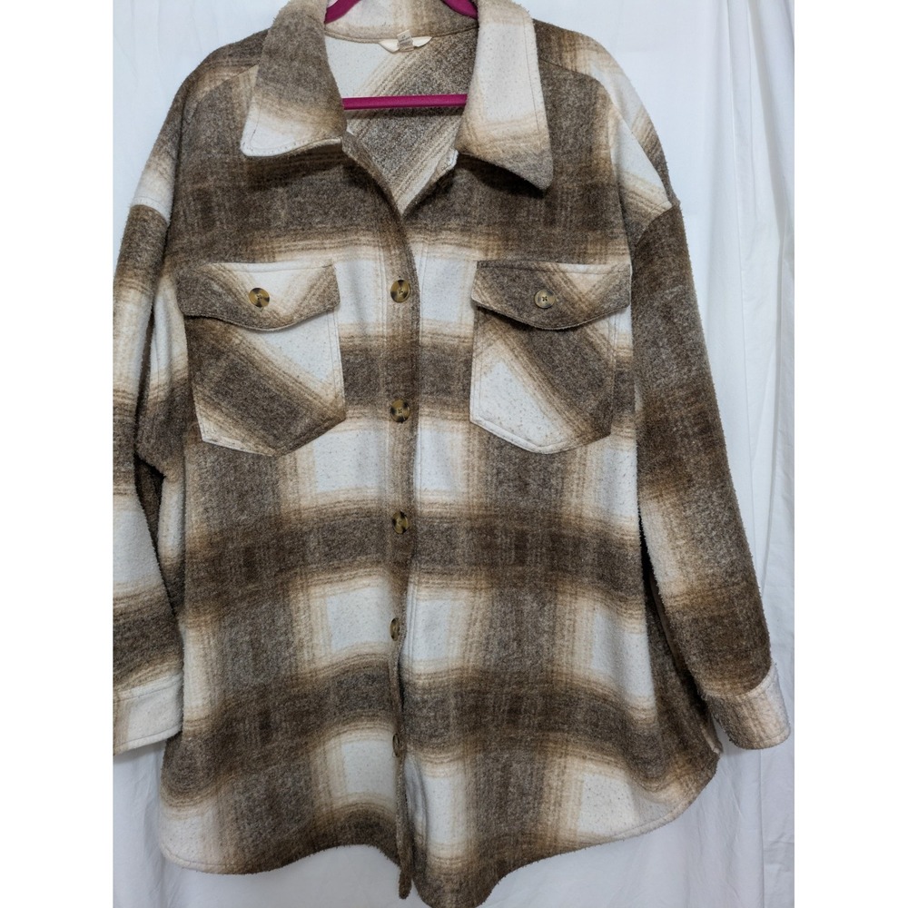 Terra & Sky Plaid Shacket Jacket Womens 4X Brown Cream Button Front Pockets
